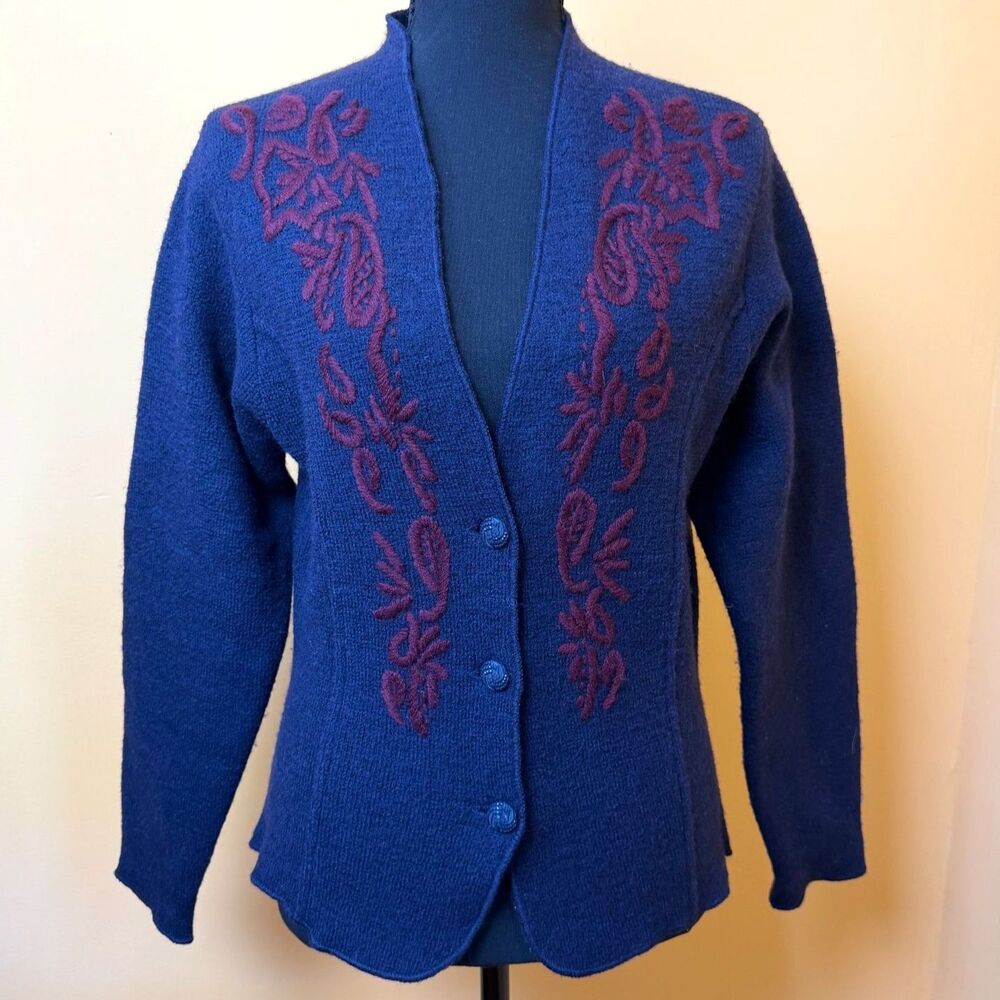 Vintage 90s Boiled Wool Cardigan Sweater Navy Floral Embroidered Dark Academia S